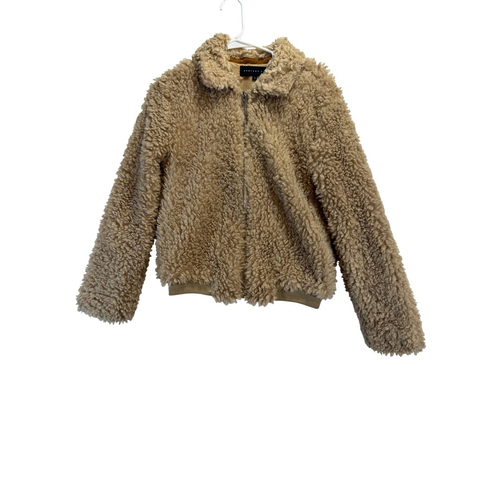 Endless Rose Women Tan Faux Shearling Sherpa Zip Up Bomber Jacket Teddy Small